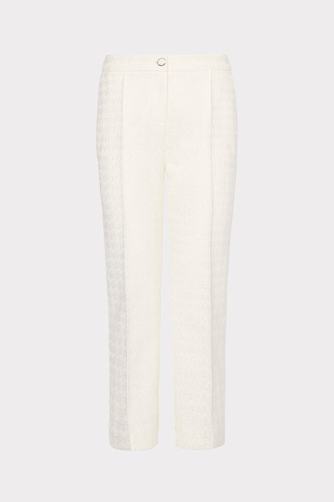 White pants with a subtle pattern on a light gray background