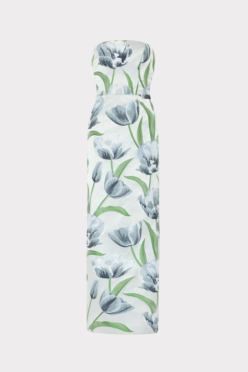 Blue Tulip Jacquard Orion Strapless Maxi Dress - Flat Lay | MILLY