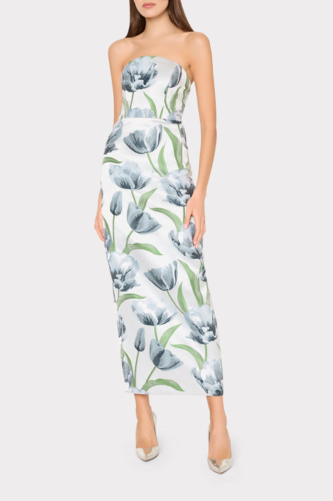 Blue Tulip Jacquard Orion Strapless Maxi Dress - Front View On Model | MILLY