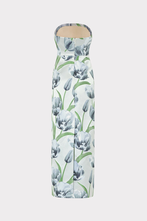 Blue Tulip Jacquard Orion Strapless Maxi Dress - Back View With Slit | MILLY