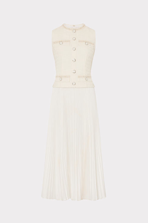 Boucle Mixed Media Midi Dress Ecru Image 1 of 5