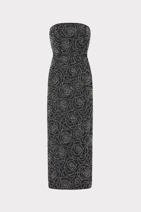 Black Silver Beaded Strapless Midi Dress - Front Flat Lay | MILLY
