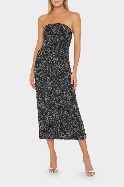 Black Silver Beaded Strapless Midi Dress - On Model Front View | MILLY