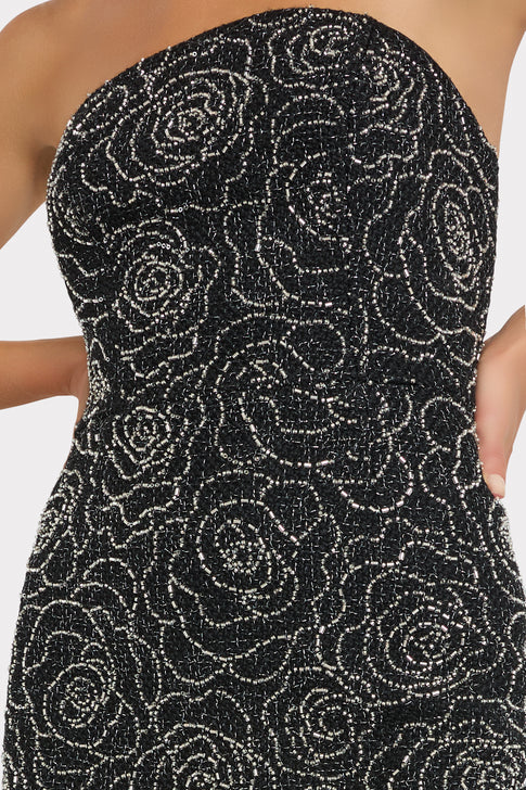 Black Silver Luxury Beaded Rose Motif Bodice - Close-Up Detail | MILLY