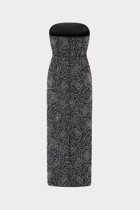 Black Silver Elegant Beaded Strapless Dress - Back Flat Lay | MILLY