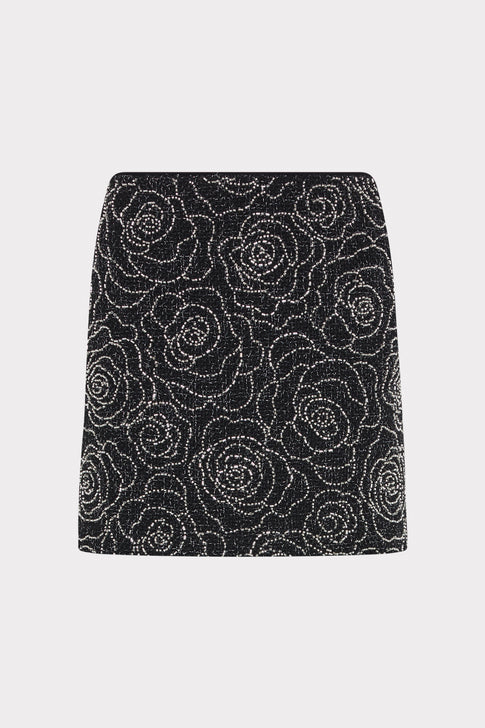 Black Silver Beaded Mini Skirt - Front Flat Lay, Floral Rose Pattern | MILLY