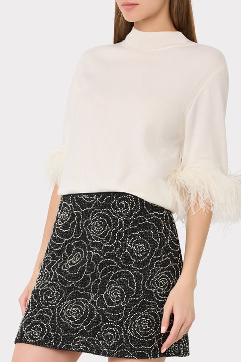 Black Silver Beaded Mini Skirt - Cropped On Model, Elegant Rose Bead Detail Close-Up | MILLY