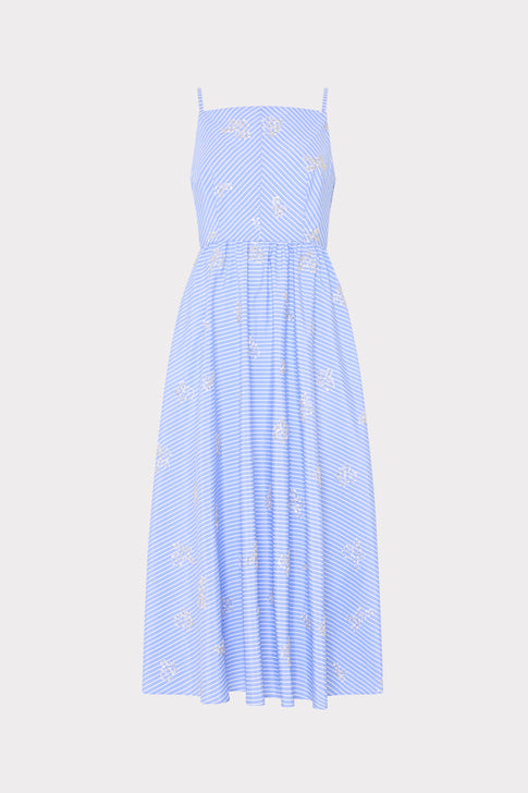 Blue White Striped Emily Beaded Midi Dress with Sequin Detail - Flat Lay | MILLY