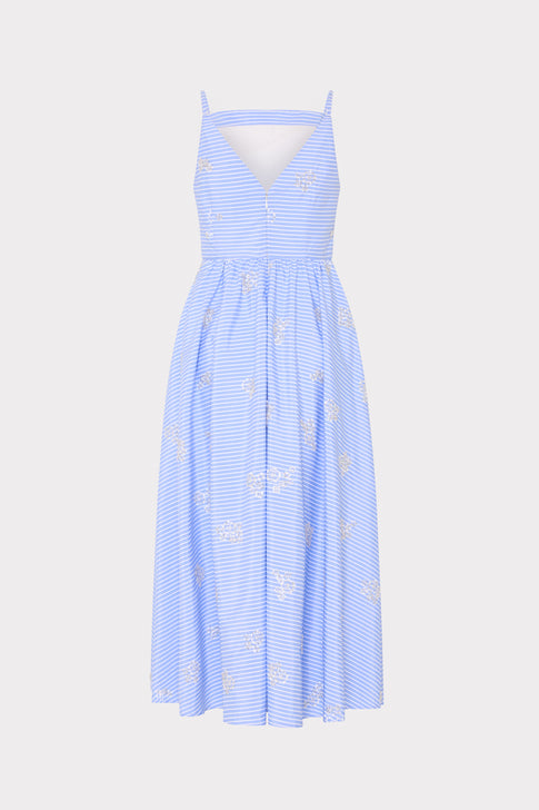 Blue White Striped Emily Beaded Midi Dress - Back View with Open Back Detail | MILLY