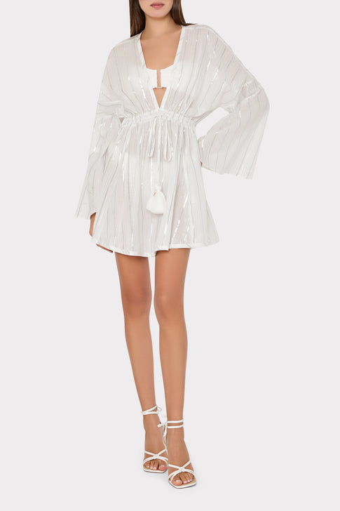 Model wearing White Olympia Lurex Stripe Coverup Dress with Long Sleeves - Full Front View | MILLY