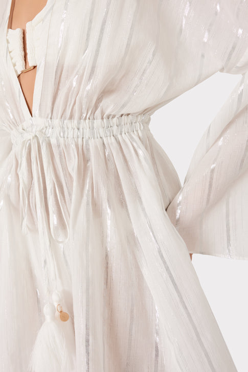 White Coverup Dress with Tassel Tie Detail at Waist - Close-Up Side View | MILLY