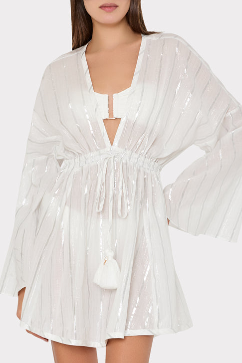 White Lurex Stripe Coverup Dress with Plunging Deep V-Neck - Close-Up Front Detail | MILLY
