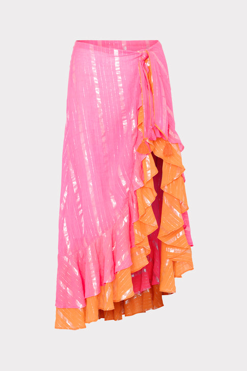 Lurex Stripe Ruffle Wrap Skirt Neon Pink/Orange Image 1 of 4