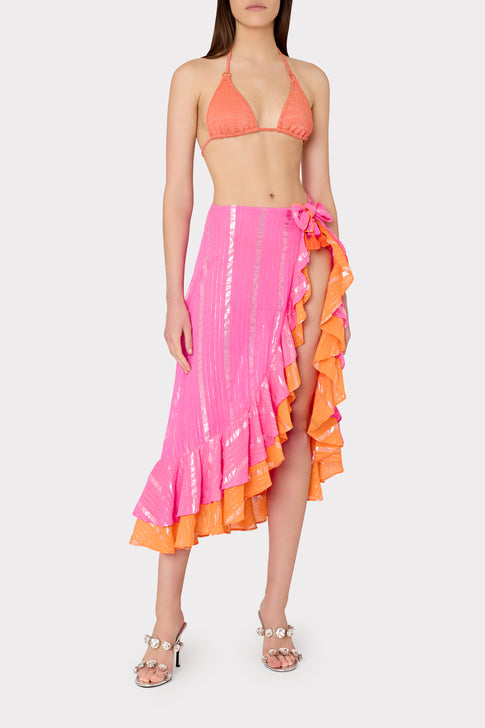 Lurex Stripe Ruffle Wrap Skirt Neon Pink/Orange Image 2 of 4
