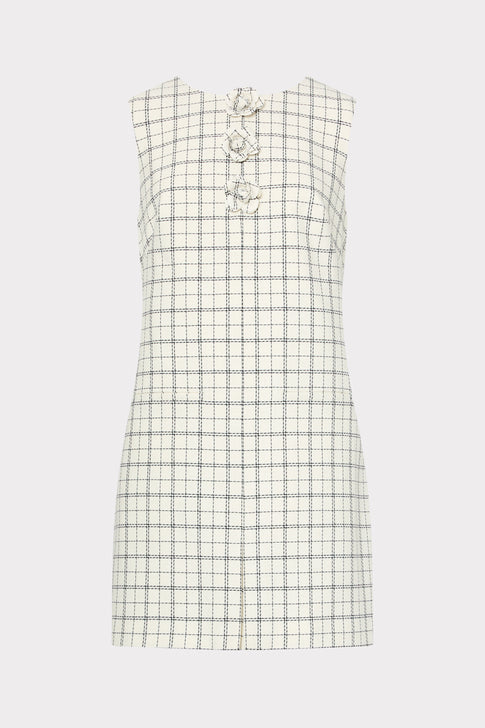 White Black Plaid Saylor Mini Dress with Floral Button Details - Flat Lay | MILLY