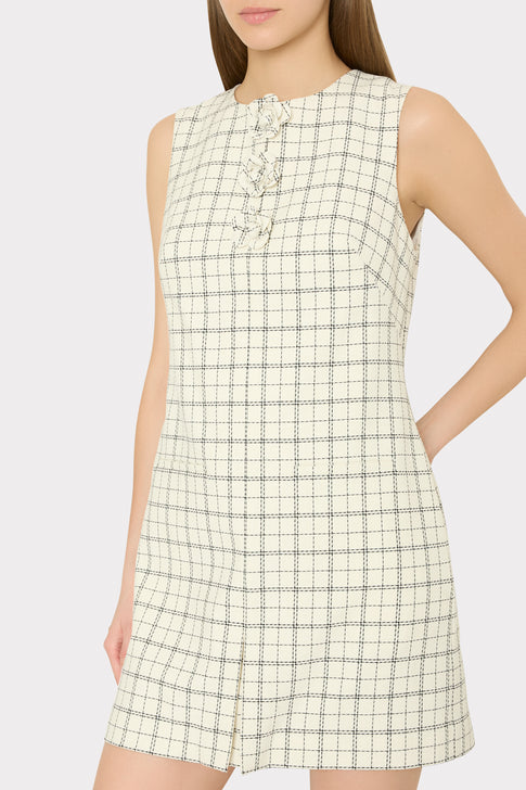 White Black Plaid Shift Dress with Camellia Buttons - Front Detail | MILLY