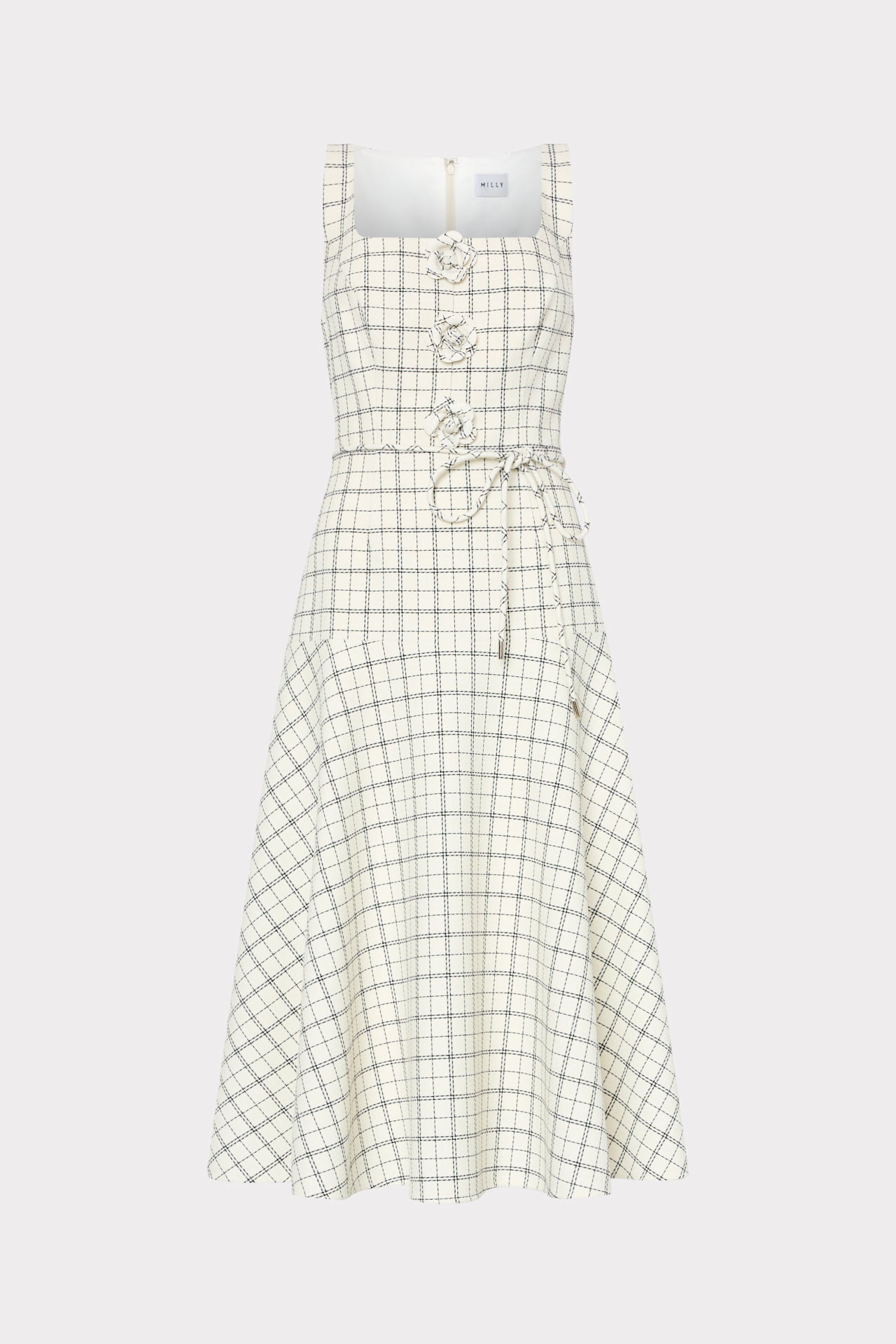 Milly Women's Mira Plaid Tie-Waist Midi-Dress - White Black - Size 12 Milly Women's Mira Plaid Tie-Waist Midi-Dress - White Black - Size 12