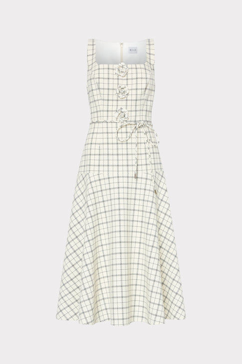 White Black Plaid Mira Midi Dress - Front View | MILLY