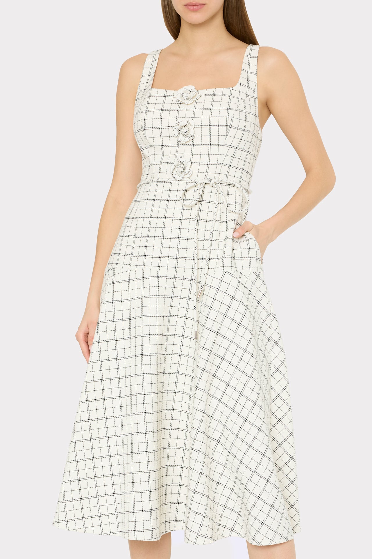 Milly Women's Mira Plaid Tie-Waist Midi-Dress - White Black - Size 12