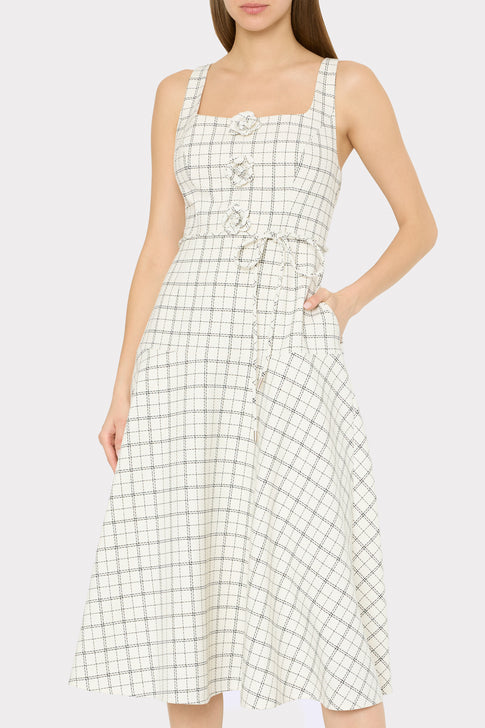 Model wearing White Black Plaid Elegant Midi Dress - Side Angle View | MILLY