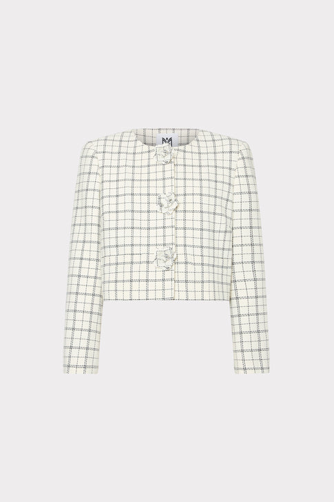Black and white checkered Mika plaid jacket with floral buttons - flat lay | MILLY