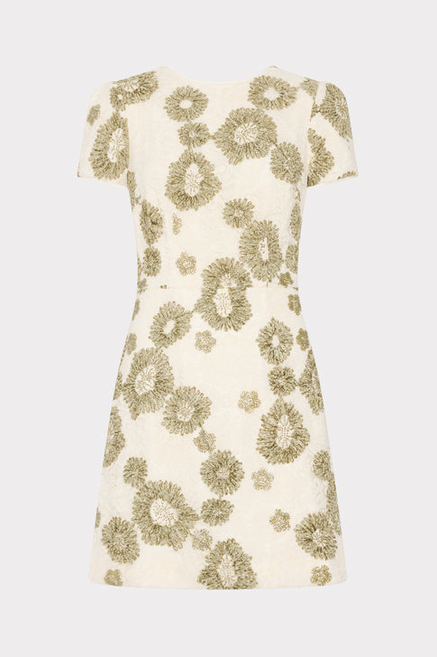 White & Green Daisy Embroidered Mini Dress with sage floral blooms, cap sleeves - Front Flat View | MILLY