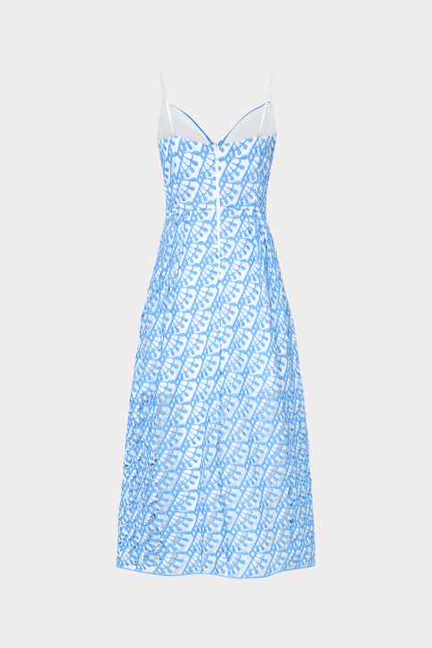 Blue Embroidered Mesh Hazel Midi Dress - Back View | MILLY