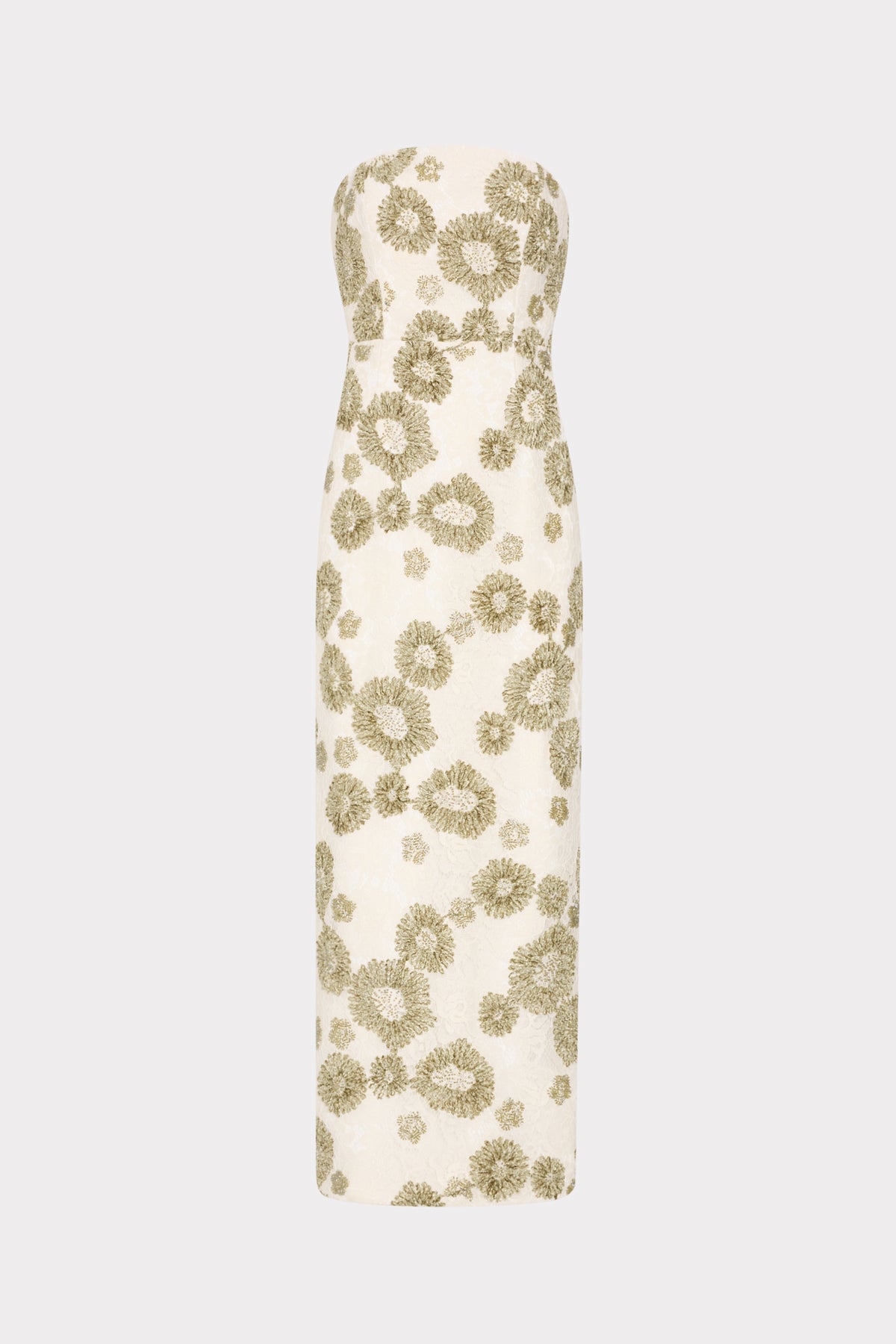White Green Embroidered Lace Strapless Column Dress - Front View | MILLY