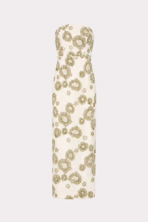 White Green Embroidered Lace Strapless Column Dress - Front View | MILLY