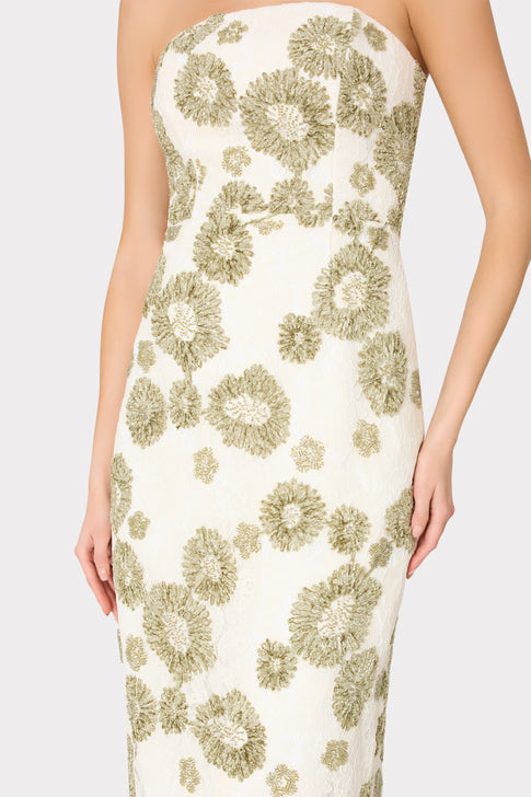White Green Embroidered Lace Strapless Dress - Bodice Detail | MILLY