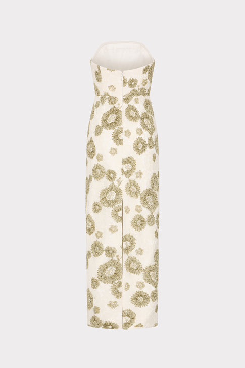 Elegant White Green Embroidered Lace Column Gown - Back View | MILLY