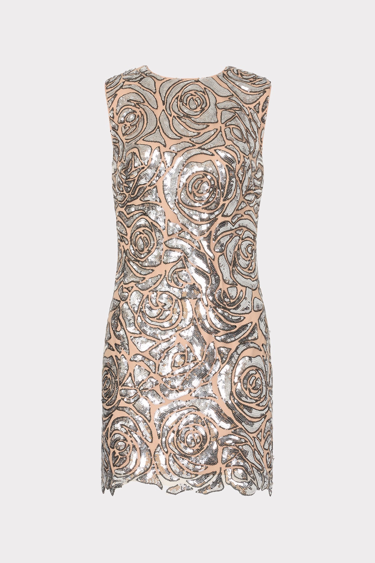 Silver sequin designer mini shift dress with elegant floral applique - Front View | MILLY