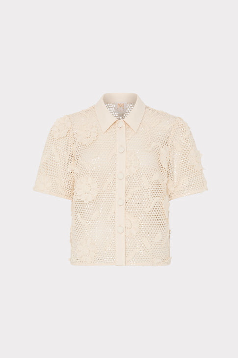 Cream Sequin Crochet Short Sleeve Top - Front View | MILLY