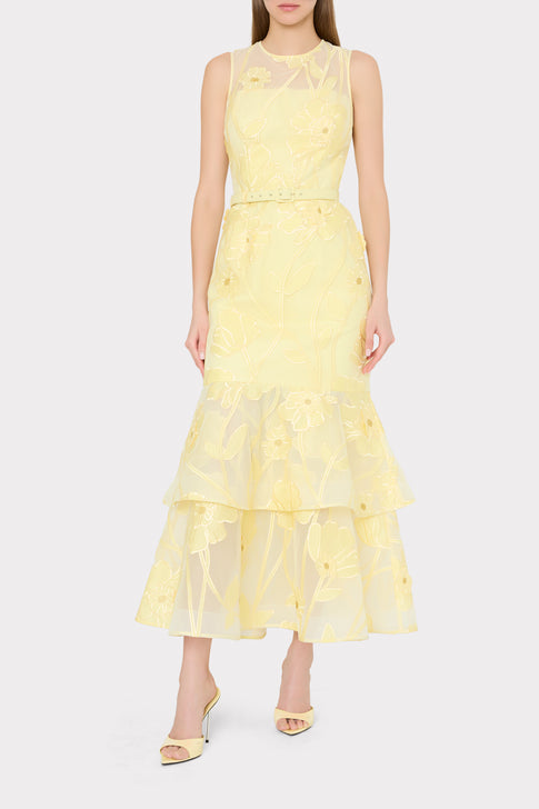 Lemon Floral Embroidered Anna Grand Fleur Dress with Tiered Ruffle Skirt - On Model | MILLY