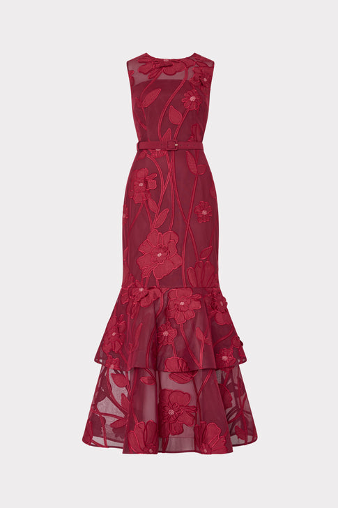 Burgundy Floral Embroidered Maxi Gown - Front Flat View | MILLY