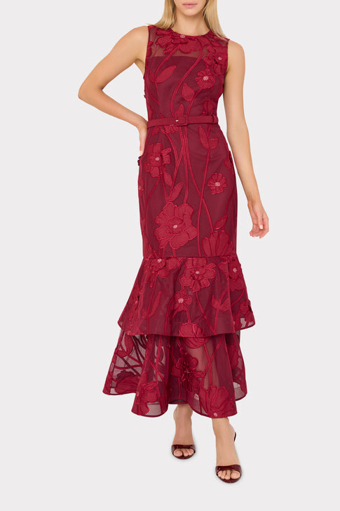 Burgundy Elegant Floral Appliqué Evening Gown - On Model Front View | MILLY