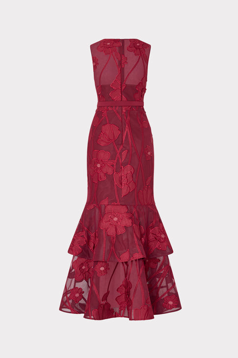 Burgundy Designer Floral Appliqué Mermaid Gown - Back View | MILLY