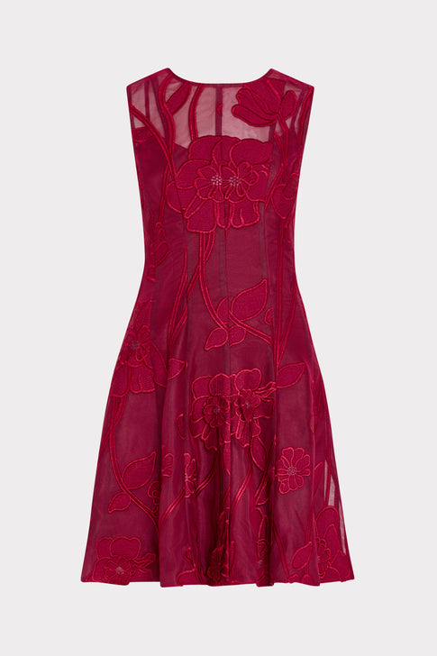 Burgundy Floral Embroidered Mini Dress - Front Flat View | MILLY