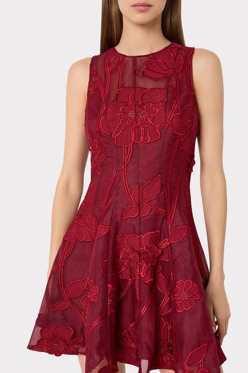 Burgundy Elegant Floral Appliqué Mesh Mini Dress - Bodice Close-Up | MILLY