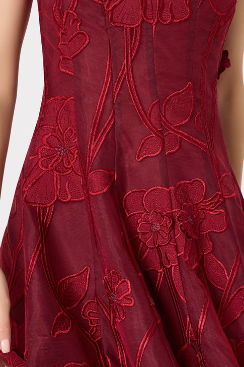 Burgundy Designer Floral Embroidered Mini Dress - Skirt Detail Close-Up | MILLY