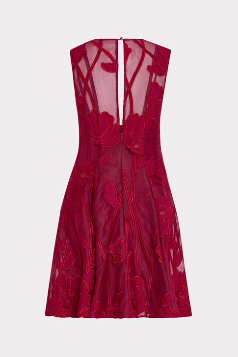 Burgundy Floral Embroidered Mini Dress - Back View with Zip Detail | MILLY