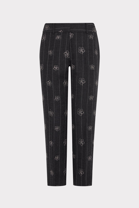 Black Floral Embroidered Pinstripe Tailored Trousers - Front View | MILLY