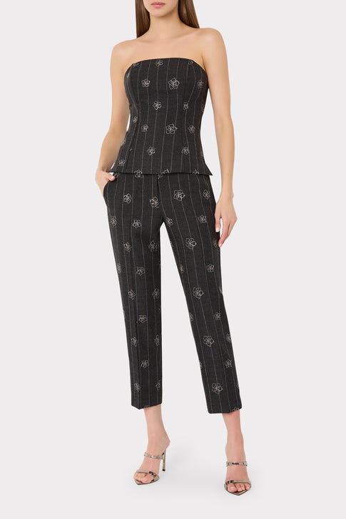Black Embroidered Pinstripe Pants Styled with Matching Top - On Model Full Length | MILLY