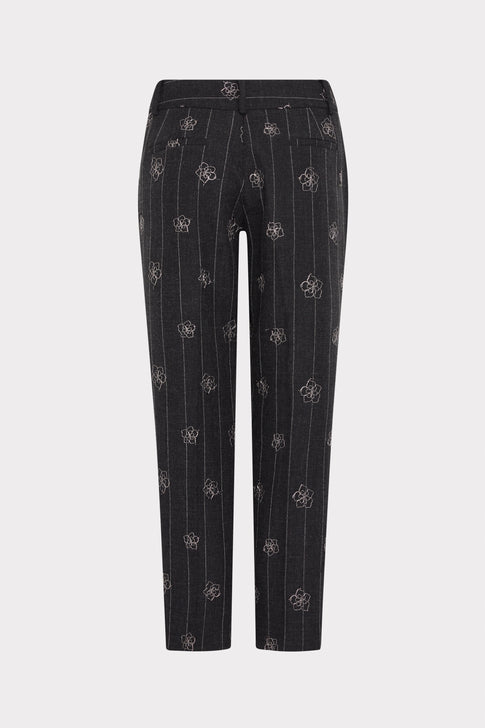 Black Elegant Floral Embroidered Pinstripe Tailored Trousers - Back View | MILLY