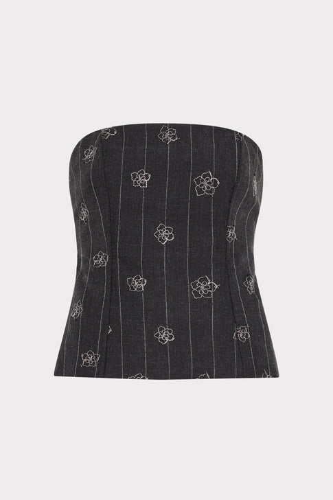Black Pinstripe Floral Embroidered Strapless Top - Front Flat Lay | MILLY