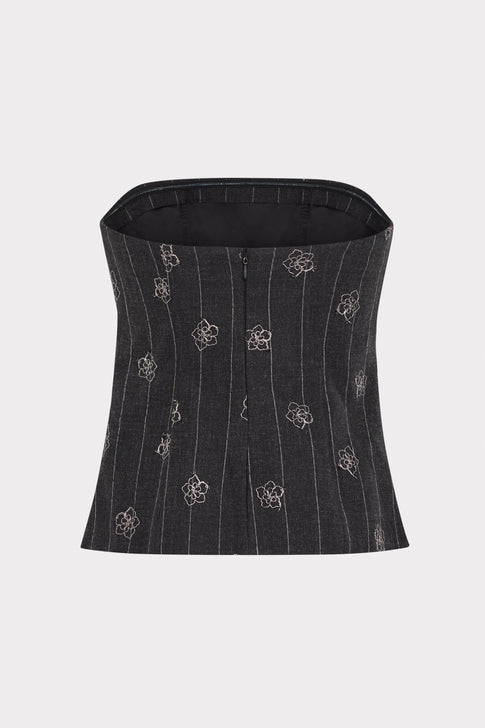 Black Pinstripe Floral Embroidered Strapless Top - Back View with Zipper Detail | MILLY