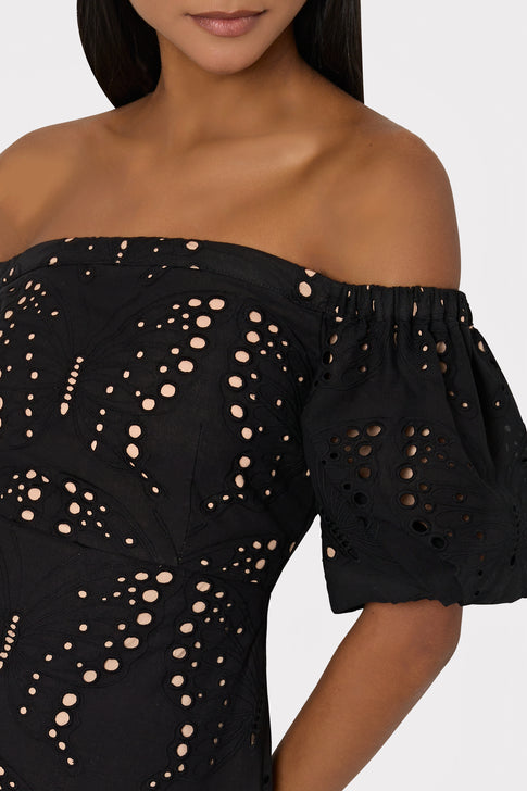 Butterfly Eyelet Off The Shoulder Dress Black Image 3 of 4