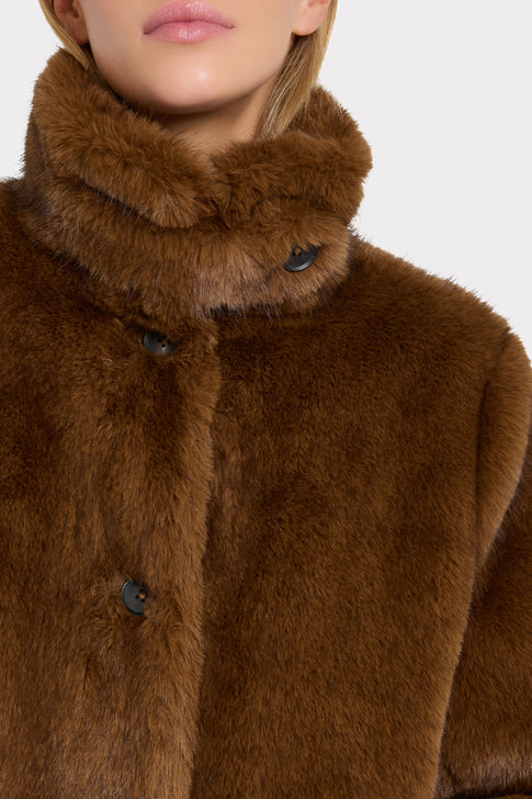 Camel Faux Fur Coat - Collar and Leather Cuff Detail Close-Up | MILLY