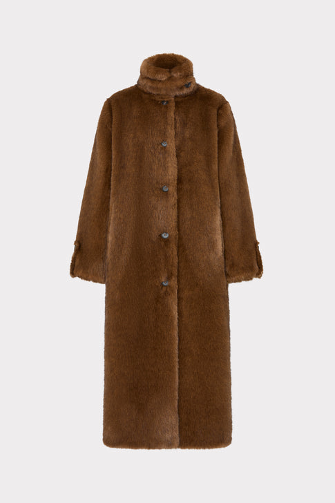 Camel Faux Fur Long Coat - Front Flat View | MILLY