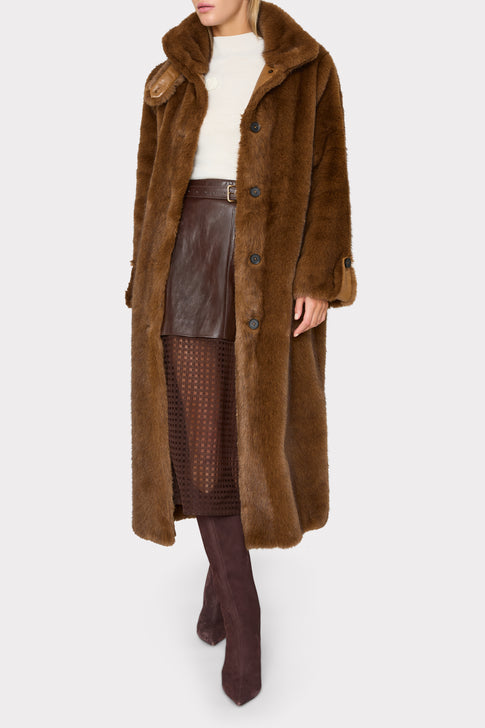 Camel Luxury Faux Fur Coat - On Model Side View, Styled with Leather Skirt | MILLY